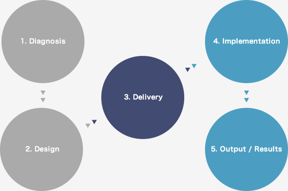 1. Diagnosis│2. Design│3. Delivery│4. Implementation│5. Output / Results